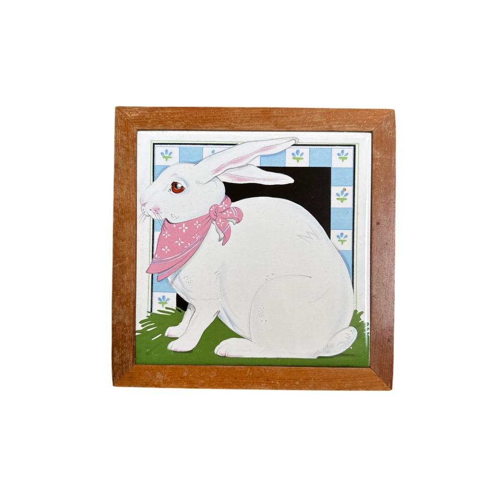 Vintage 1981 Vandor Framed Tile Bunny Rabbit Art Easter Decor White Pink 7x7